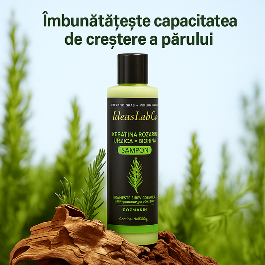 Keratina + Rozmarin + Urzică + Biotină – Șampon nutritiv și regenerator pentru păr des și voluminos (100 ml) – IdeasLabCo™